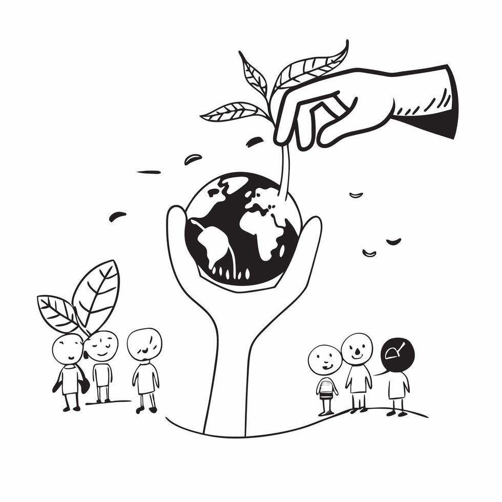 Clean Hand holding a cut leaf with children planting trees concept as A hand holding a cut leaf with children planting trees in the background highlighting youth involvement and corporat vector