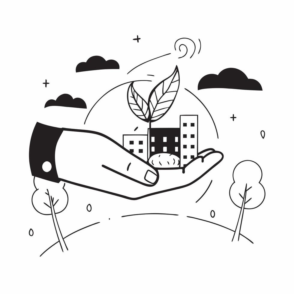 Clean Hand holding a cut leaf with a public park concept as A hand holding a cut leaf with a public park in the background highlighting corporate social responsibility in urban green spa vector