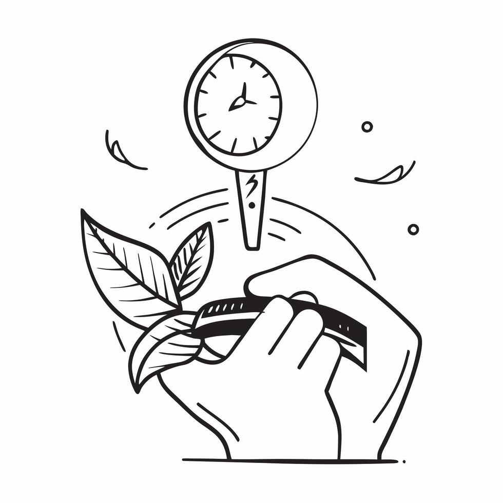 Clean Hand holding a cut leaf with a wind farm in the background concept as A hand holding a cut leaf with a wind farm in the background symbolizing renewable energy and corporate social vector
