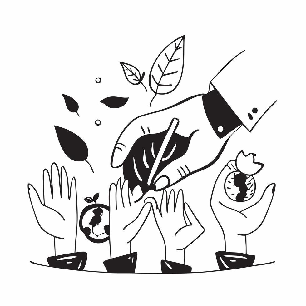 Clean Hand holding a cut leaf with a group of volunteers concept as A hand holding a cut leaf with a group of volunteers in the background highlighting volunteer work and corporate socia vector
