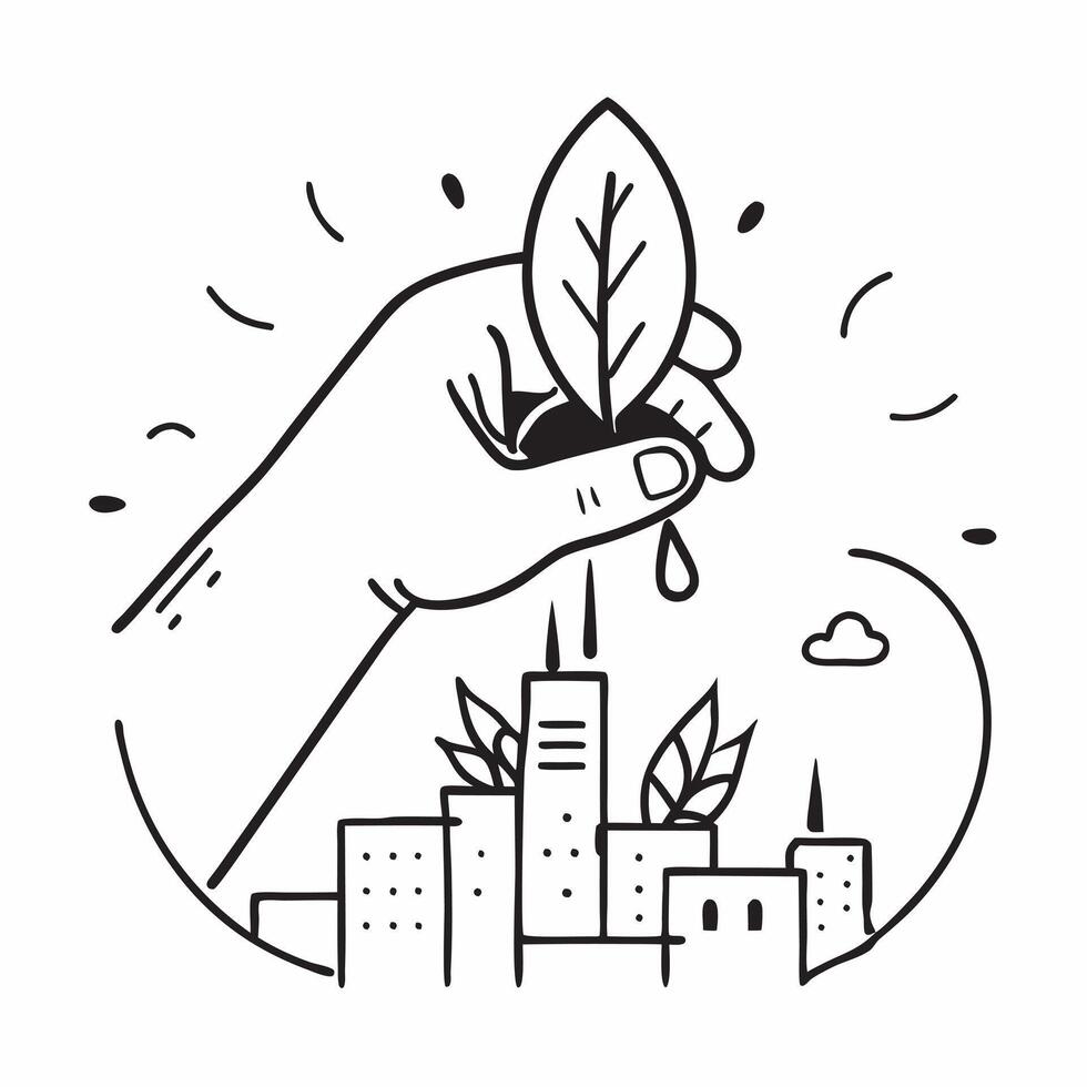 Clean Hand holding a cut leaf with a cityscape in the background concept as A hand holding a cut leaf against a cityscape background highlighting urban environmental initiatives and corp vector