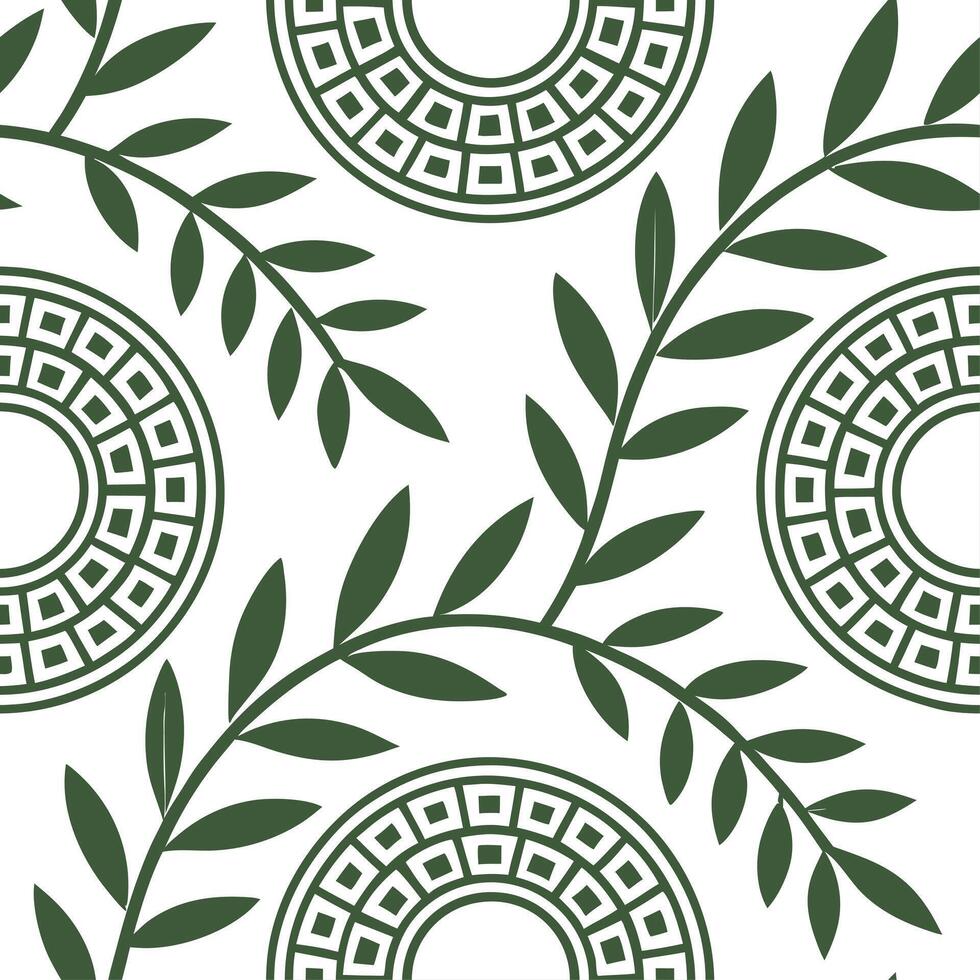 Clean Greek key patterns and olive branches seamless tile design with classic white and blue tones concept as Classic white and blue tones highlight Greek key patterns intertwined with o vector