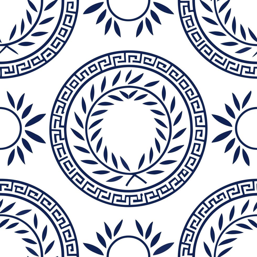 Clean Greek meander patterns and olive branches seamless tile pattern with classic blue and white tones concept as Classic blue and white tones highlight Greek meander patterns intertwin vector