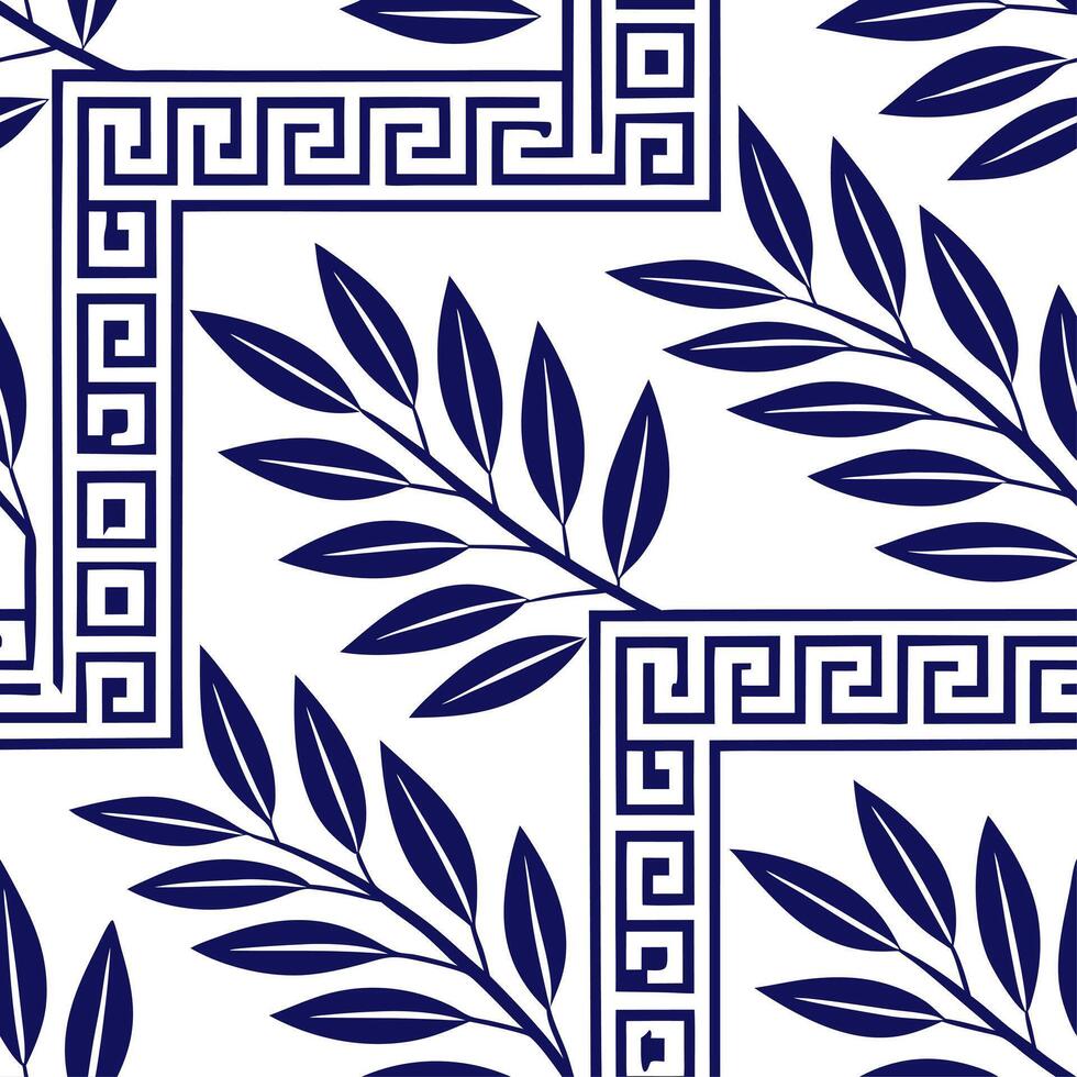 Clean Greek key patterns and olive branches seamless tile design with classic white and blue tones concept as Classic white and blue tones highlight Greek key patterns intertwined with o Set 2 vector