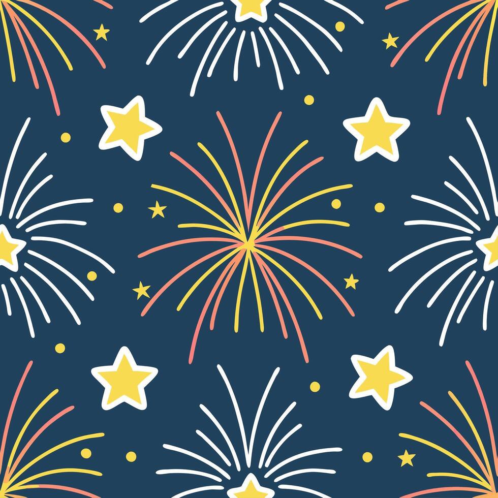 Clean Fun fireworks and sparklers seamless tile pattern with bright flashes lighting up the summer sky concept as Bright fireworks and sparklers light up the summer night sky in this fun vector