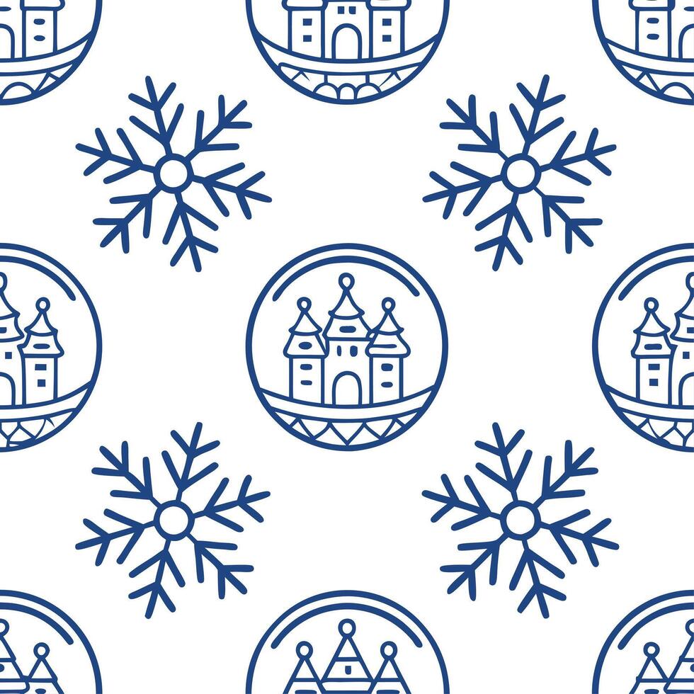 Clean Frosty snowflake and snow globe seamless tile pattern with magical winter elements concept as Magical snow globes paired with frosty snowflakes create a seamless tile pattern with Set 2 vector