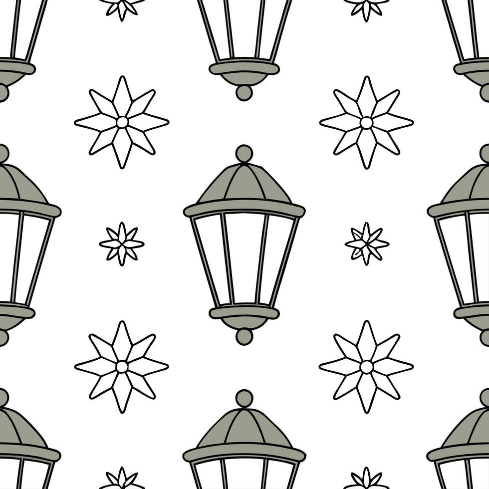 Clean Frosty snowflake and lantern seamless tile pattern with glowing winter elements concept as Glowing winter lanterns paired with frosty snowflakes create a seamless tile pattern with vector