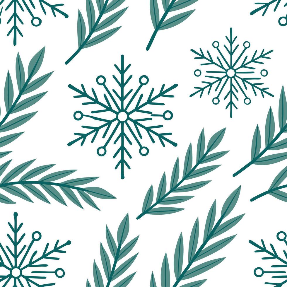 Clean Frosty snowflake and evergreen branch seamless tile pattern with winter forest elements concept as Snowflakes paired with evergreen branches create a frosty seamless tile pattern w vector