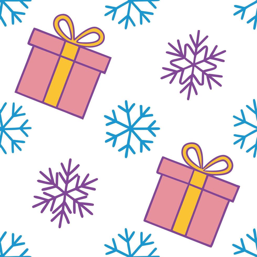Clean Frosty snowflake and holiday gift seamless tile pattern with vibrant colors and festive elements concept as Vibrant holiday gifts paired with frosty snowflakes create a seamless ti vector