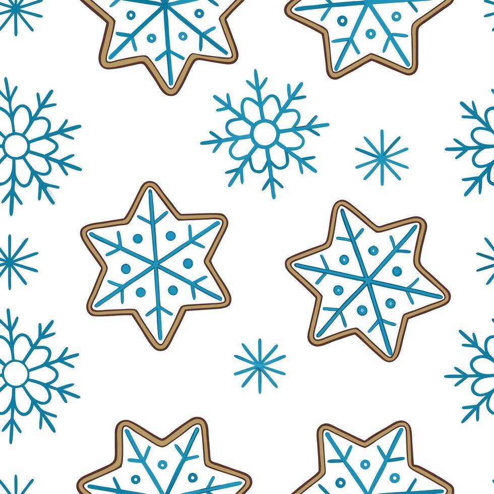 Clean Frosty snowflake and Christmas cookie seamless tile pattern with sweet holiday elements concept as Sweet holiday cookies paired with frosty snowflakes create a seamless tile patter vector