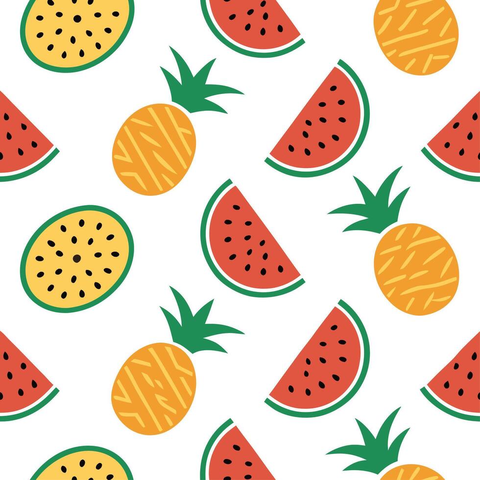 Clean Fresh summer seamless tile pattern with watermelon and tropical fruits for vibrant outdoor dining concept as Watermelon and tropical fruits arranged in a seamless tile pattern for vector