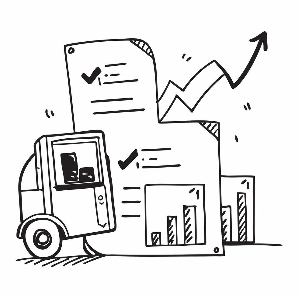 Clean Forklift and a financial report symbolizing inventory performance in double exposure with copy space concept as A forklift blended with a financial report representing inventory p vector
