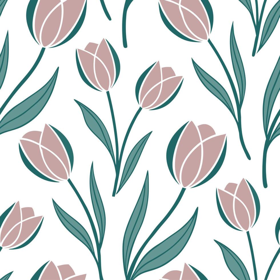 Clean Floral seamless pattern with spring tulips and pastel shades for elegant interiors concept as Elegant tulips and soft pastel colors seamlessly arranged in a pattern for refined and vector