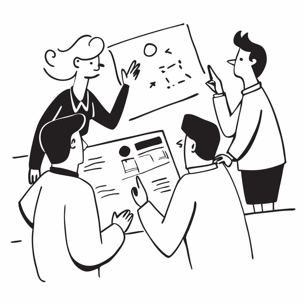Clean Flat design as Team members reviewing project deliverables in a business meeting concept as A illustration of team members reviewing project deliverables in a business meeti Set 2 vector
