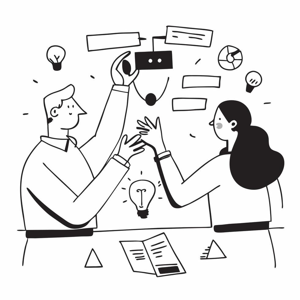 Clean Flat design as Team members sharing ideas in a collaborative meeting concept as A illustration of team members sharing ideas in a collaborative meeting featuring a 3 color p vector