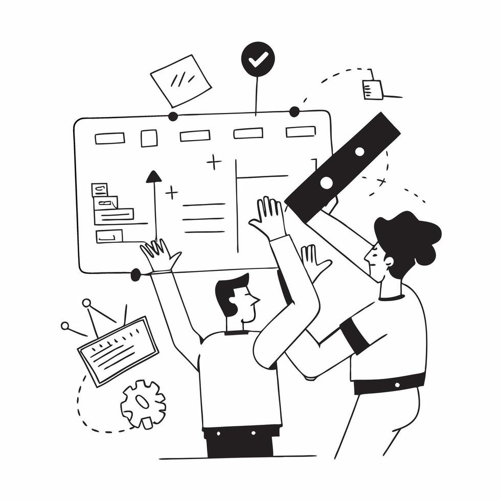 Clean Flat design as Team members collaborating on a project plan concept as A illustration of team members collaborating on a project plan in a modern workspace using a 3 color t Set 6 vector