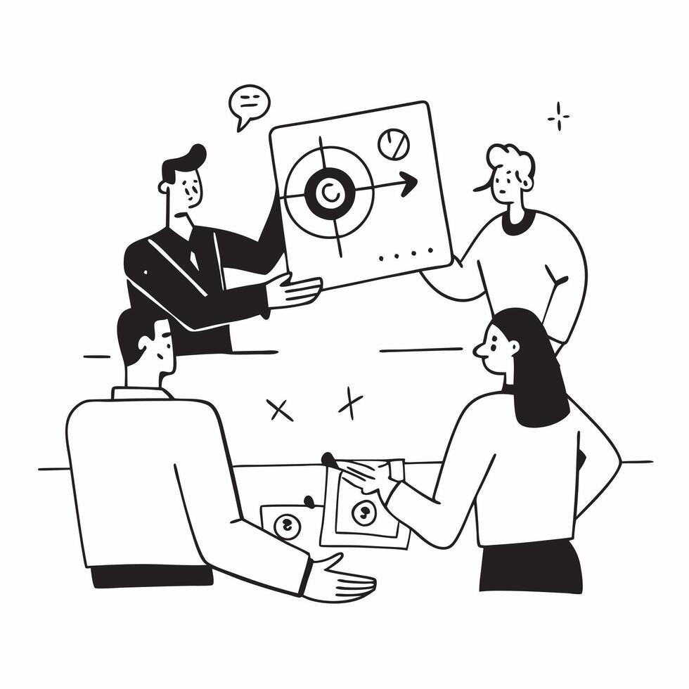Clean Flat design as Team members discussing quarterly targets in a business meeting concept as A illustration of team members discussing quarterly targets in a business meeting u Set 2 vector