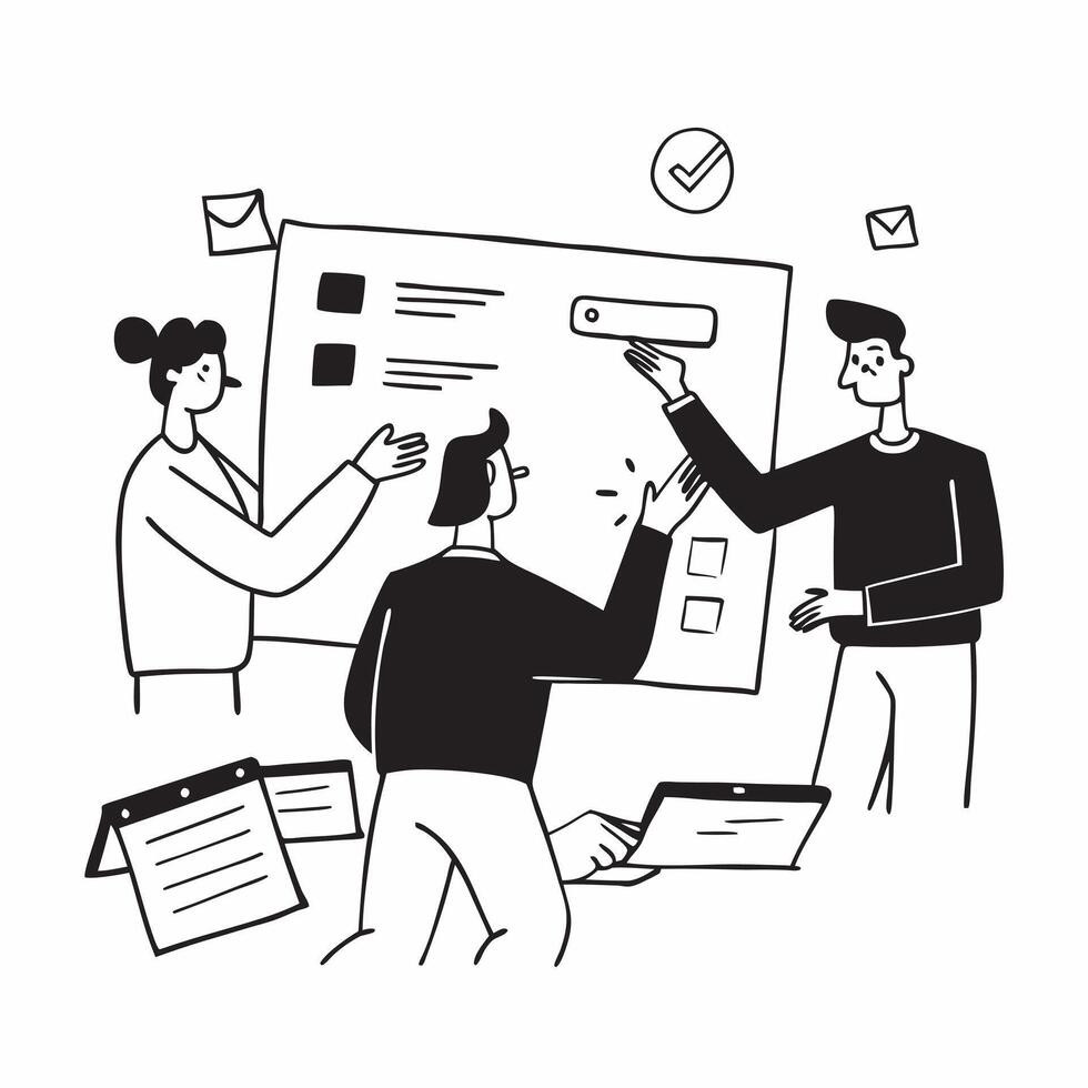 Clean Flat design as Team members reviewing project deliverables in a business meeting concept as A illustration of team members reviewing project deliverables in a business meeti vector