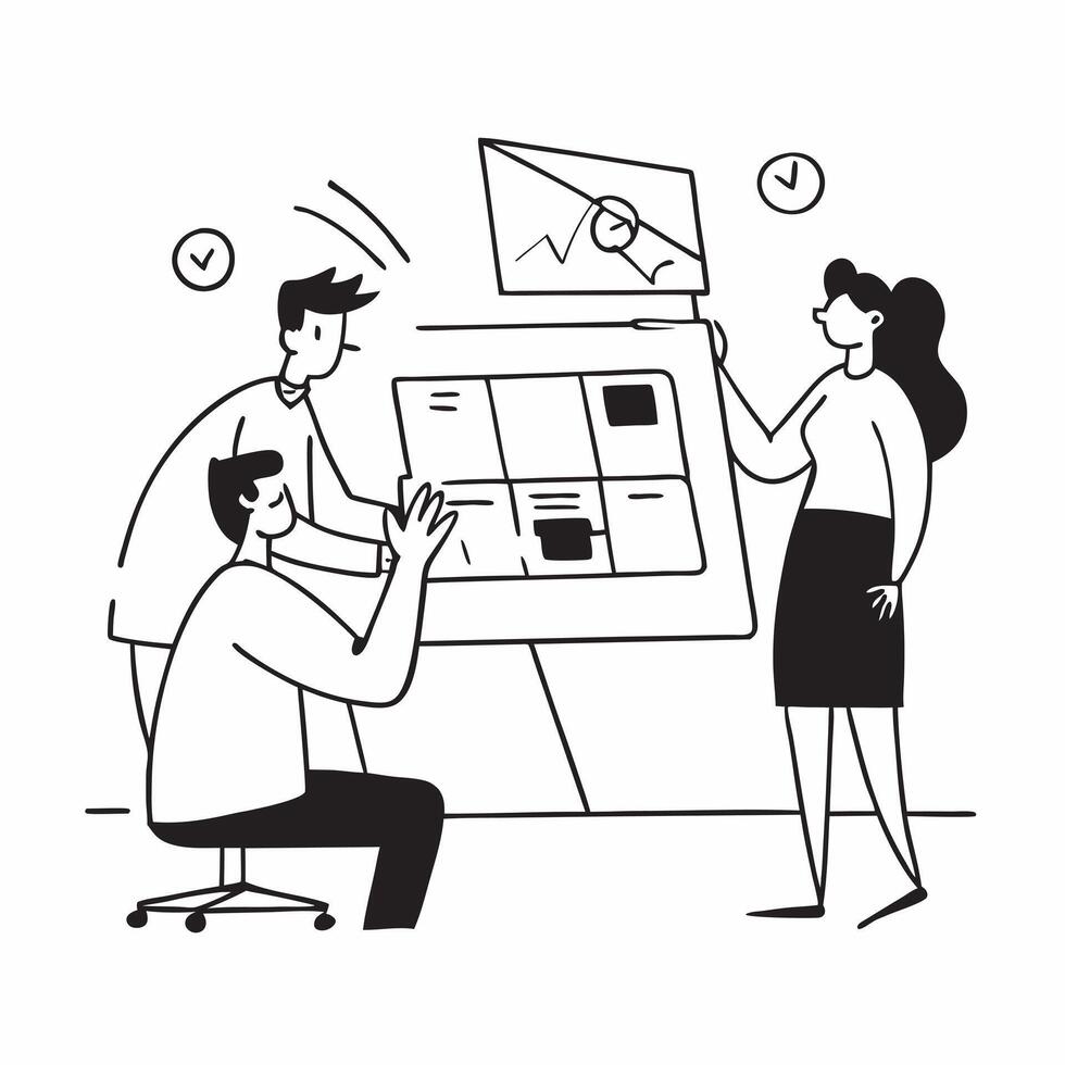 Clean Flat design as Team members collaborating on a project plan concept as A illustration of team members collaborating on a project plan in a modern workspace using a 3 color t vector