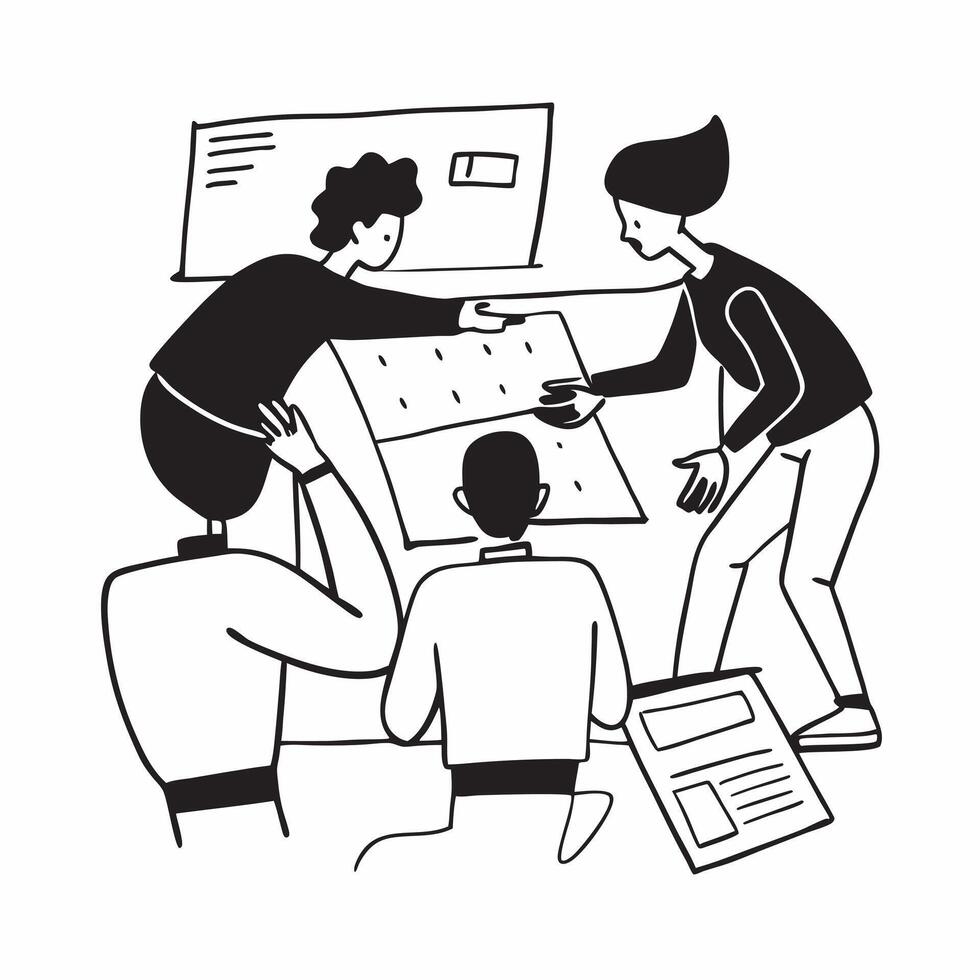 Clean Flat design as Team members collaborating on a project plan concept as A illustration of team members collaborating on a project plan in a modern workspace using a 3 color t Set 3 vector