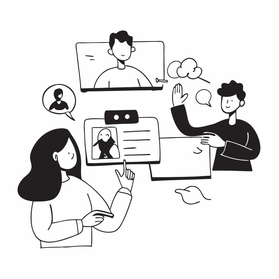Clean Flat design as Sales team collaborating in a virtual meeting concept as A illustration of a sales team collaborating in a virtual meeting using conferencing tools with Set 2 vector