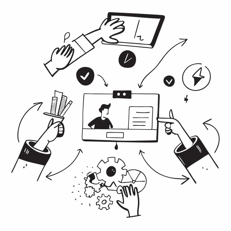 Clean Flat design as Sales team collaborating in a virtual meeting concept as A illustration of a sales team collaborating in a virtual meeting using conferencing tools with Set 4 vector