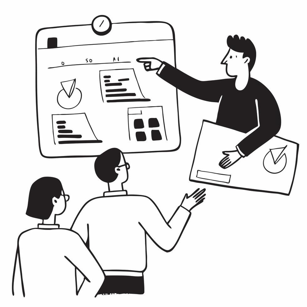 Clean Flat design as Project manager leading a hybrid meeting concept as A illustration of a project manager leading a hybrid meeting with both onsite and remote participants usin Set 3 vector