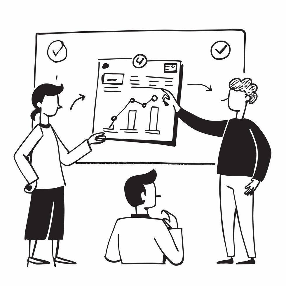Clean Flat design as Project manager presenting progress in a team meeting concept as A illustration of a project manager presenting progress in a team meeting featuring a 3 color vector