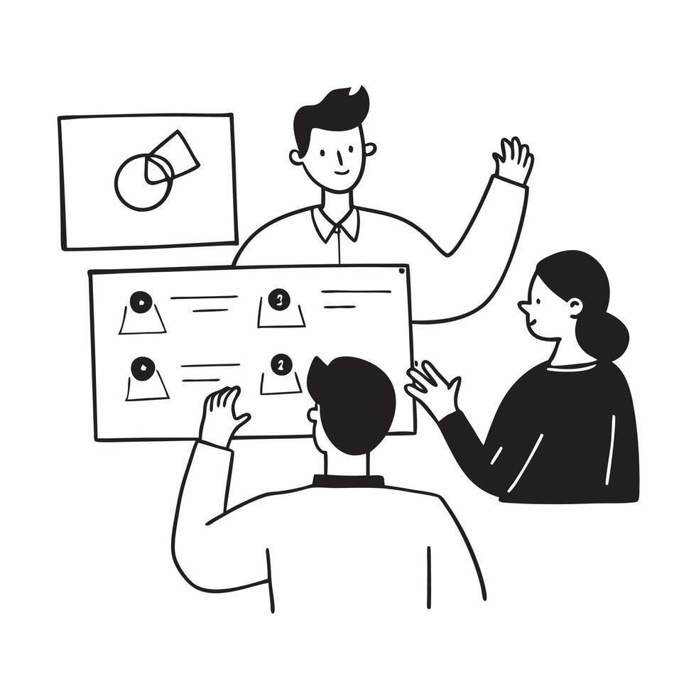 Clean Flat design as Project manager leading a hybrid meeting concept as A illustration of a project manager leading a hybrid meeting with both onsite and remote participants usin Set 2 vector