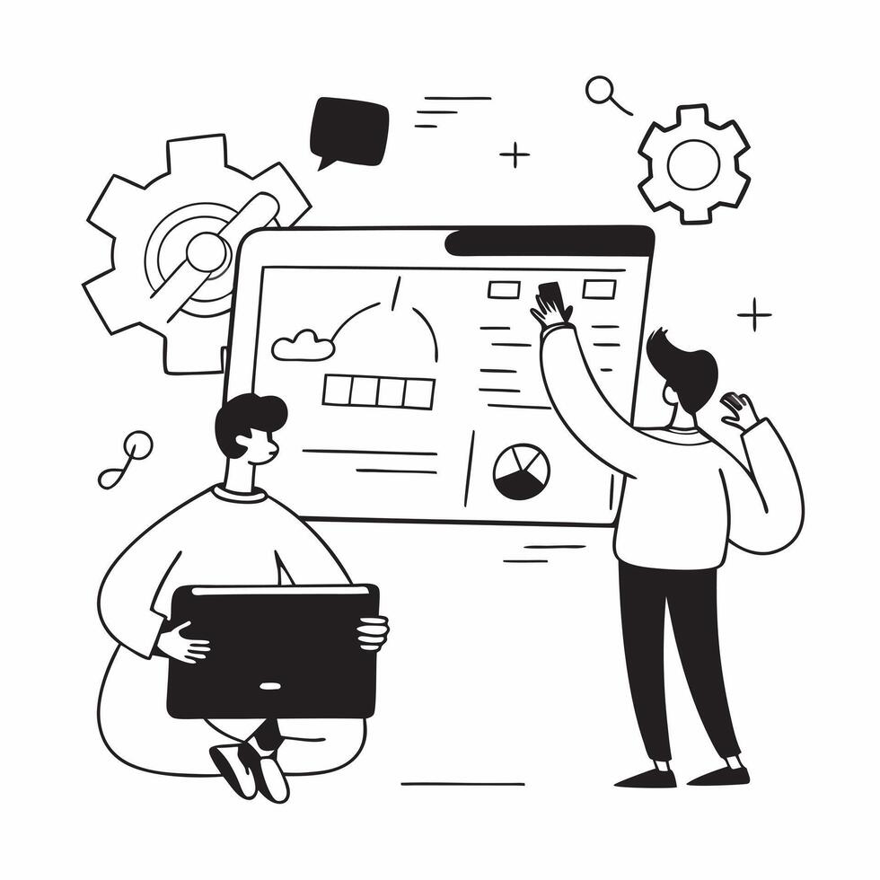 Clean Flat design as Project manager collaborating on a risk management strategy concept as A illustration of a project manager collaborating on a risk management strategy using c vector