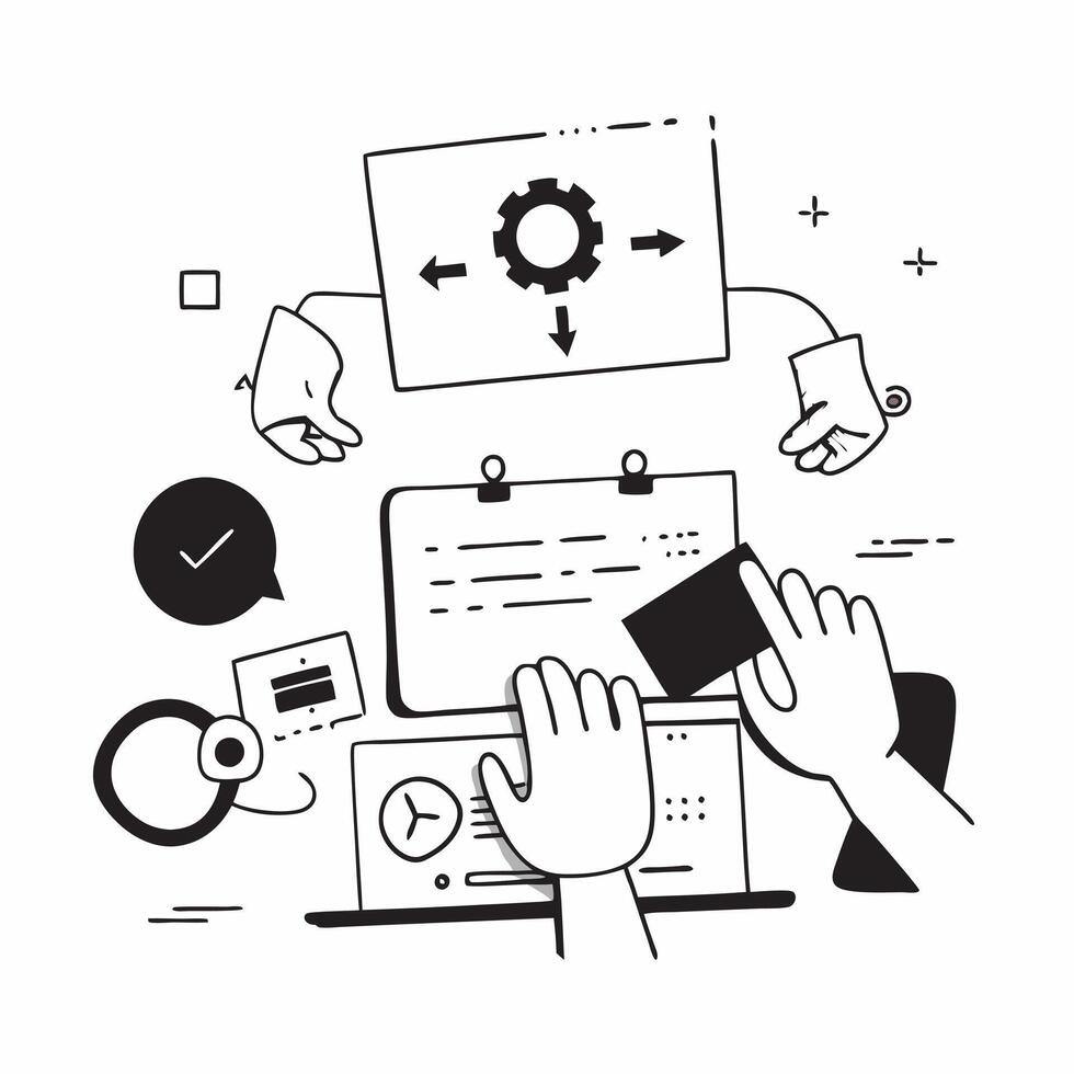 Clean Flat design as Product team collaborating on new features concept as A illustration of a product team collaborating on new features using laptops and digital tools with an 8 vector