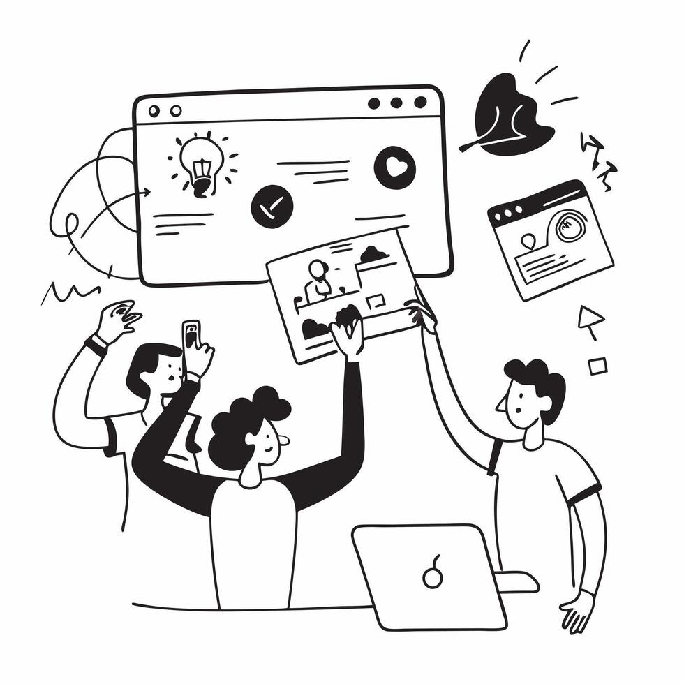 Clean Flat design as Marketing team collaborating on a product launch concept as A illustration of a marketing team collaborating on a product launch using digital tools and chart Set 4 vector