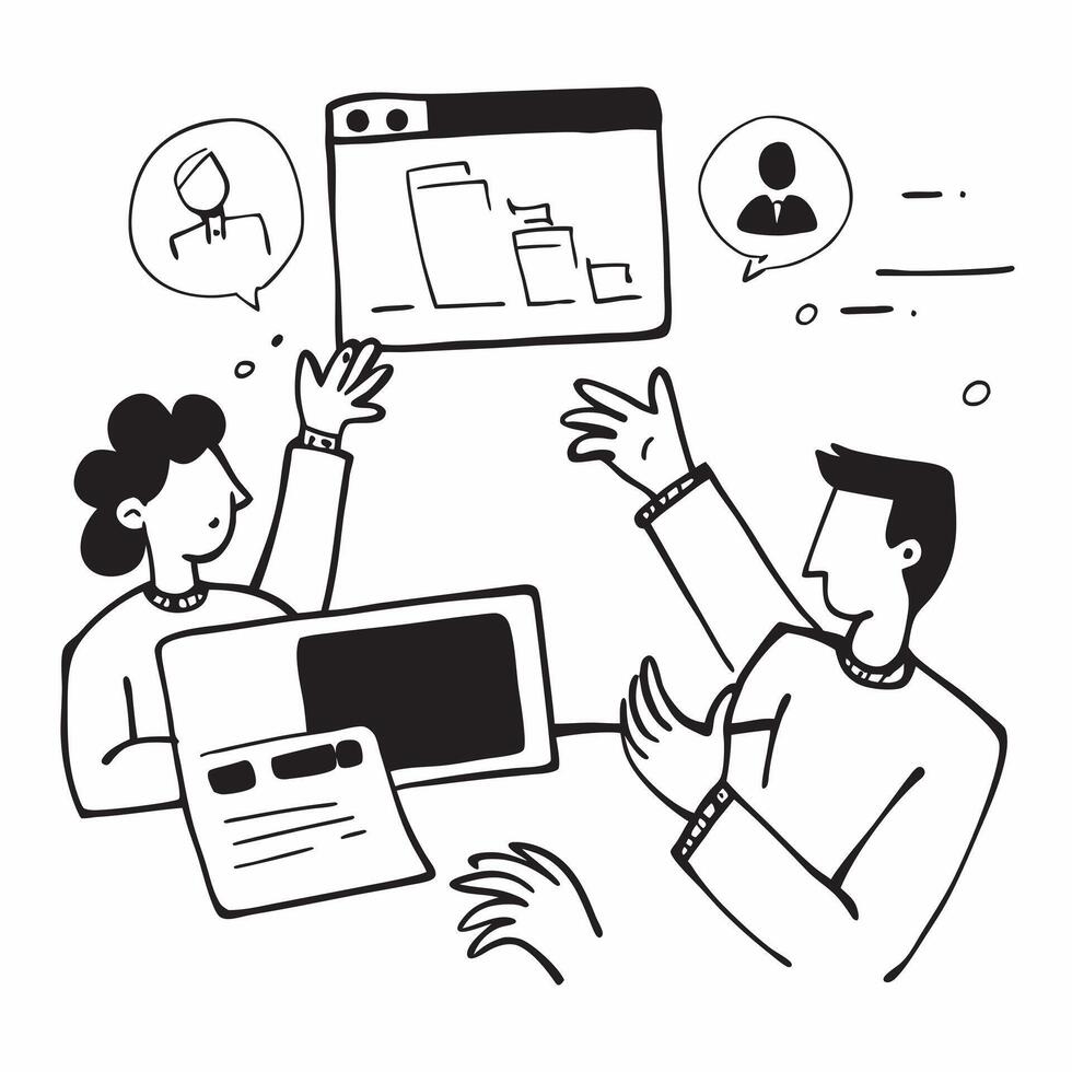 Clean Flat design as Marketing consultant collaborating with clients concept as A illustration of a marketing consultant collaborating with clients using laptops and digital tools vector