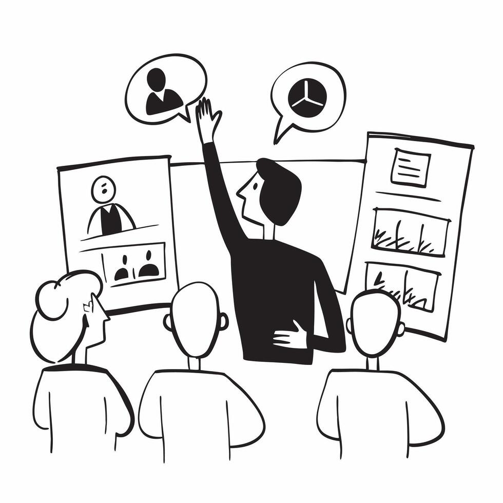 Clean Flat design as Manager leading a team meeting with presentation slides concept as A illustration of a manager leading a team meeting with presentation slides featuring a 3 c vector