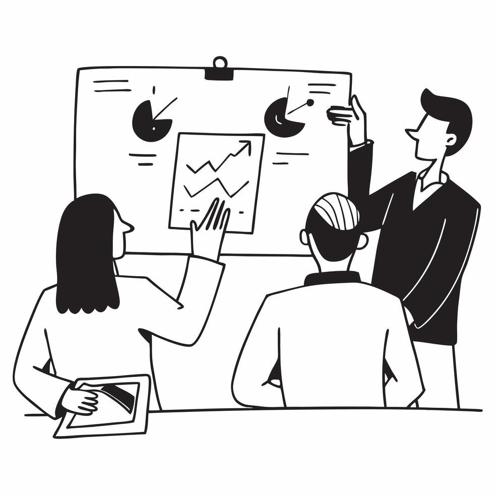 Clean Flat design as Executives reviewing company performance in a board meeting concept as A icon illustration of executives reviewing company performance in a board meeting using a 3 Set 2 vector