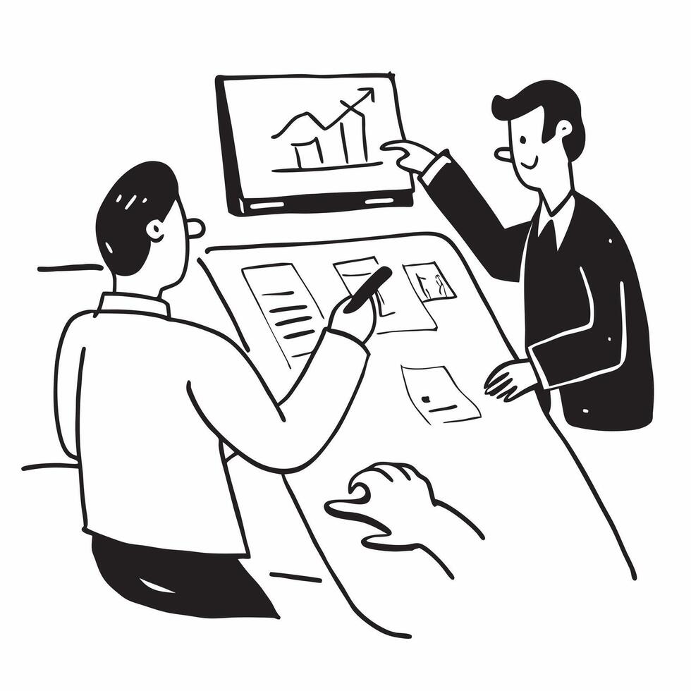 Clean Flat design as Executives in a board meeting discussing financial reports concept as A icon illustration of executives in a board meeting discussing financial reports utilizing a vector