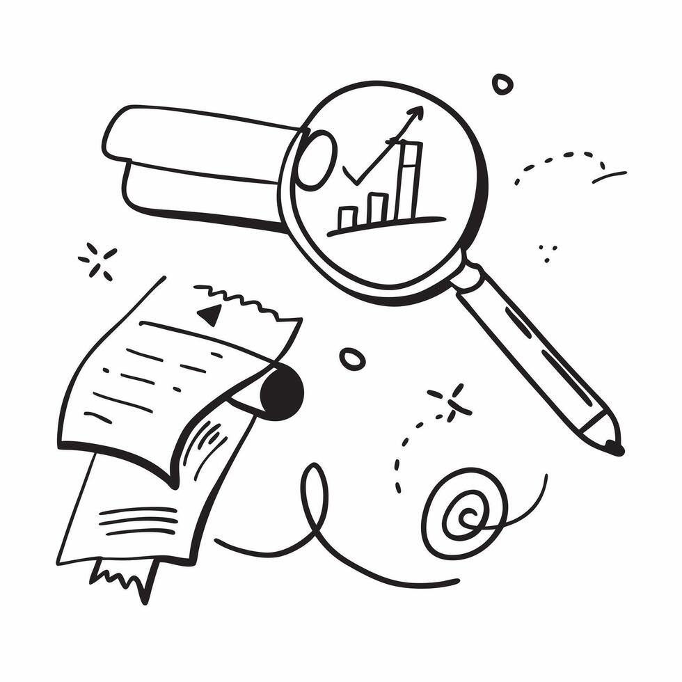 Clean Flat design as Doodle line icon of a magnifying glass concept as A doodle line icon of a magnifying glass symbolizing search focus and business research perfect for analysis and in vector