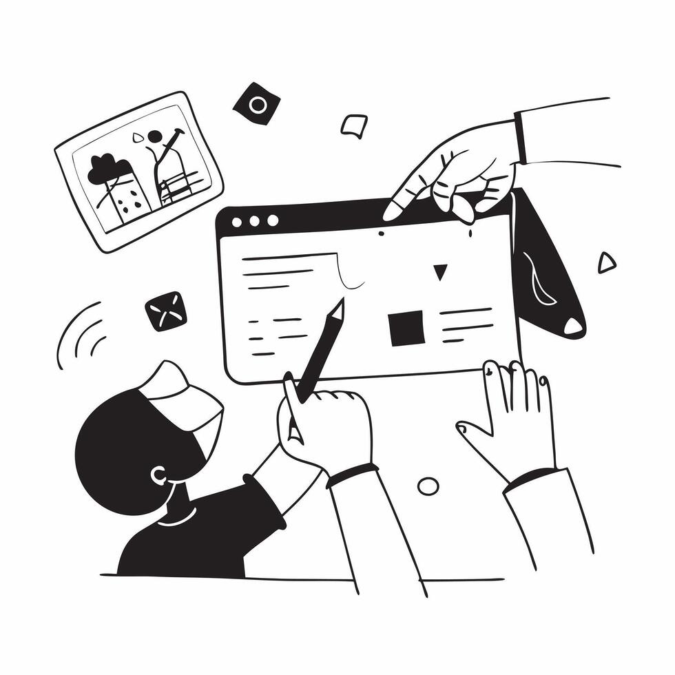 Clean Flat design as Design team collaborating on a new product concept as A icon illustration of a design team collaborating on a new product using digital tools and creative software Set 2 vector