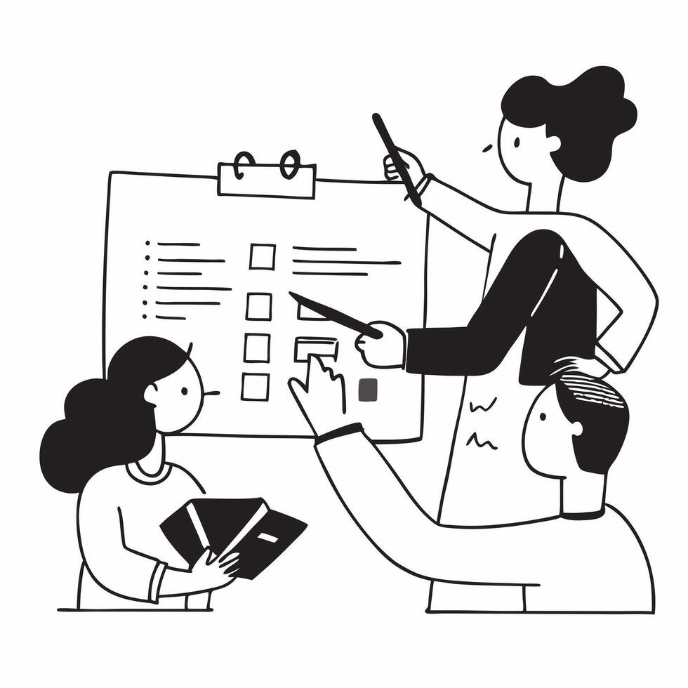 Clean Flat design as Colleagues working on a business proposal in a meeting concept as A icon illustration of colleagues working on a business proposal in a meeting using a 3 color sch Set 2 vector