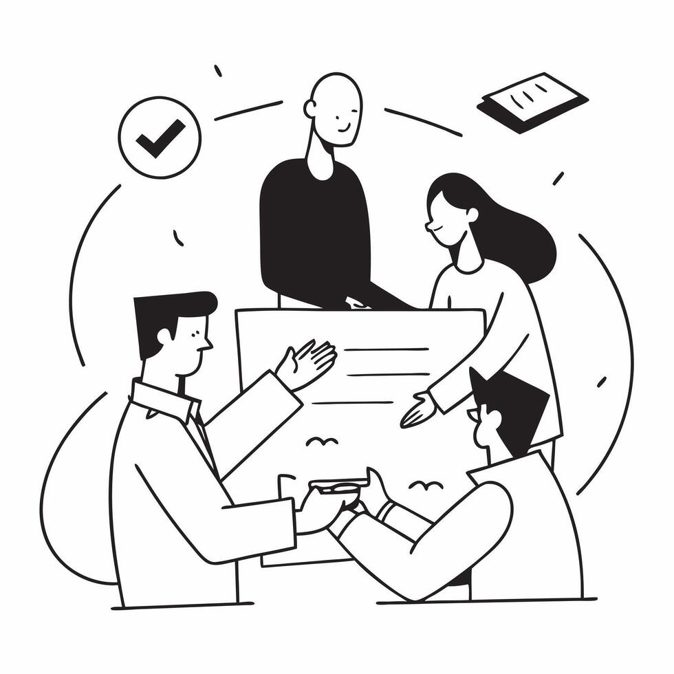Clean Flat design as Colleagues working on a business proposal in a meeting concept as A icon illustration of colleagues working on a business proposal in a meeting using a 3 color sch vector