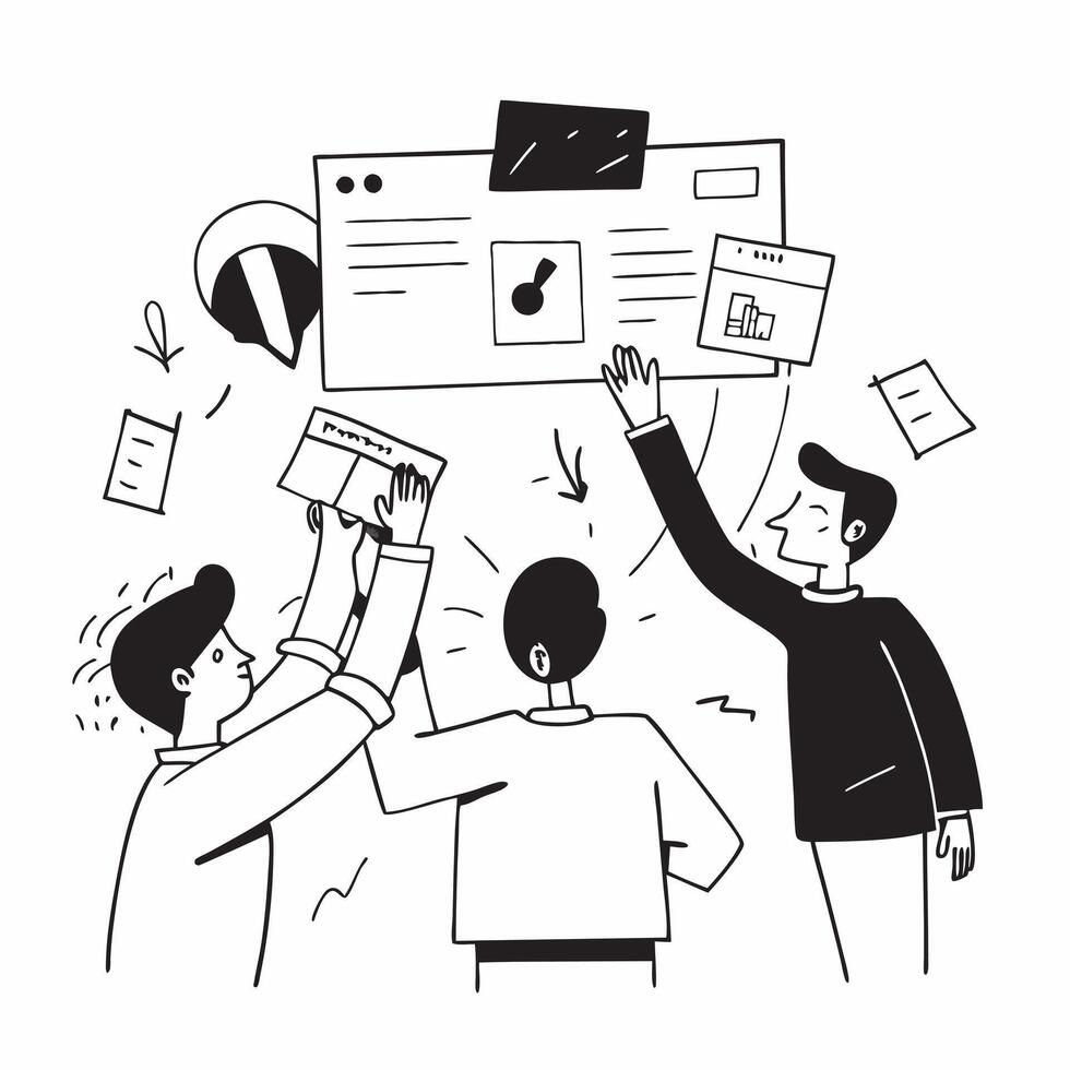 Clean Flat design as Colleagues in a brainstorming session in a creative office concept as A icon illustration of colleagues in a brainstorming session in a creative office using a 3 c Set 2 vector
