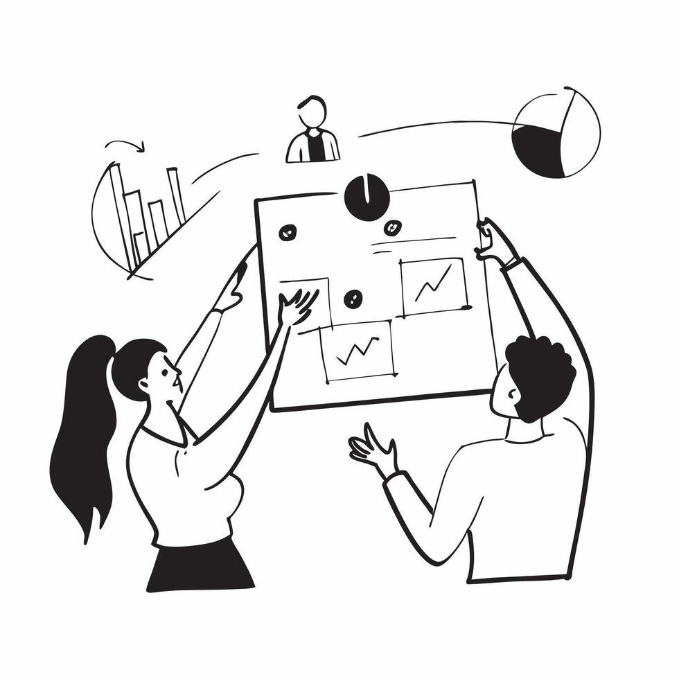 Clean Flat design as Business team planning next quarters strategy in a meeting concept as A icon illustration of a business team planning next quarters strategy in a meeting using a 3 vector
