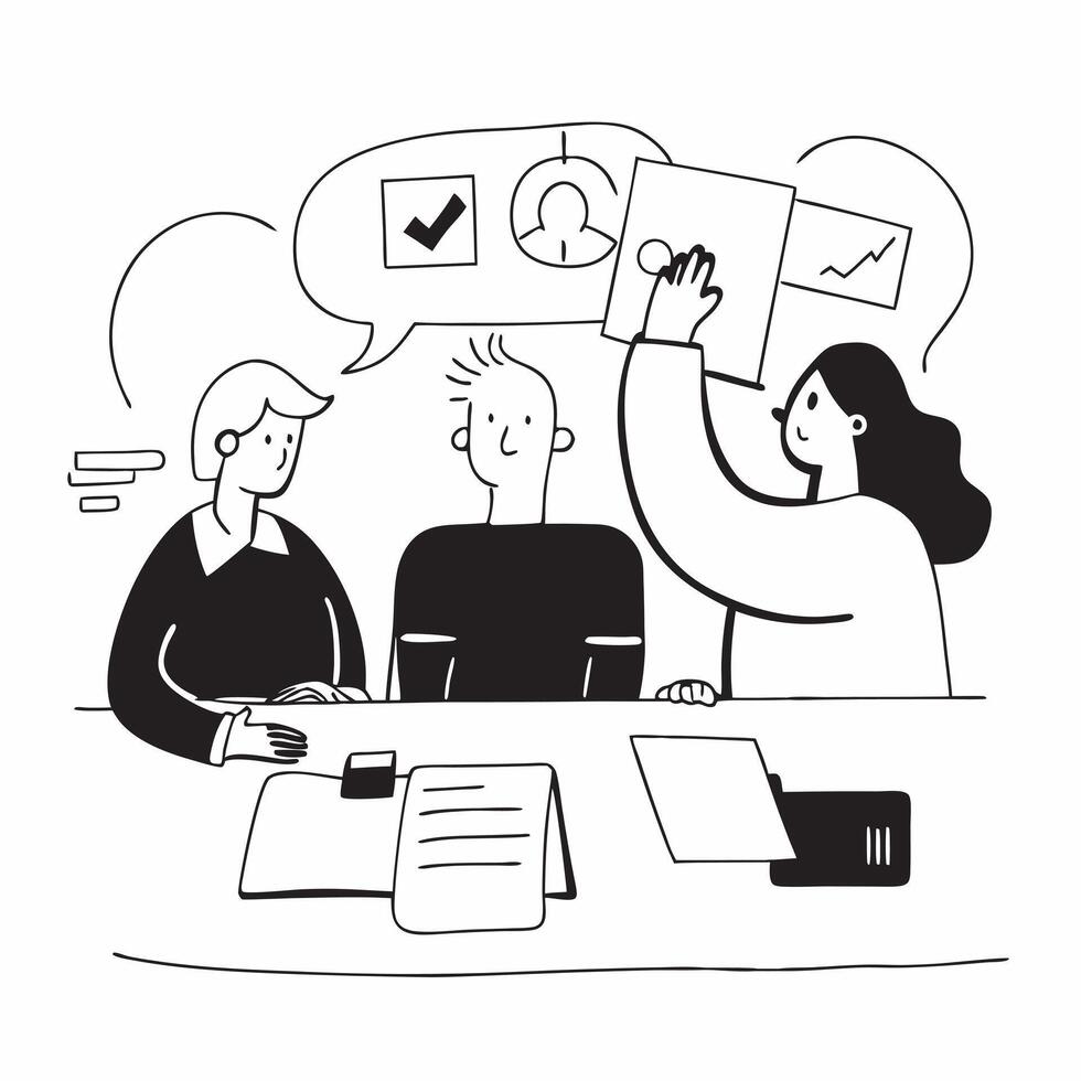 Clean Flat design as Business team having a meeting in a modern office concept as A icon illustration of a business team having a meeting in a modern office using a 3 color tone to hig vector