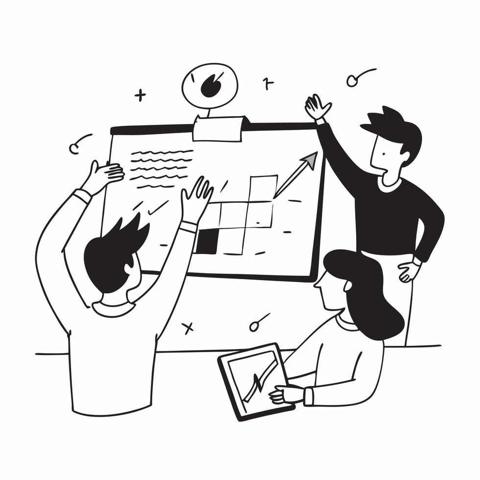 Clean Flat design as Business team planning next quarters strategy in a meeting concept as A icon illustration of a business team planning next quarters strategy in a meeting using a 3 Set 2 vector