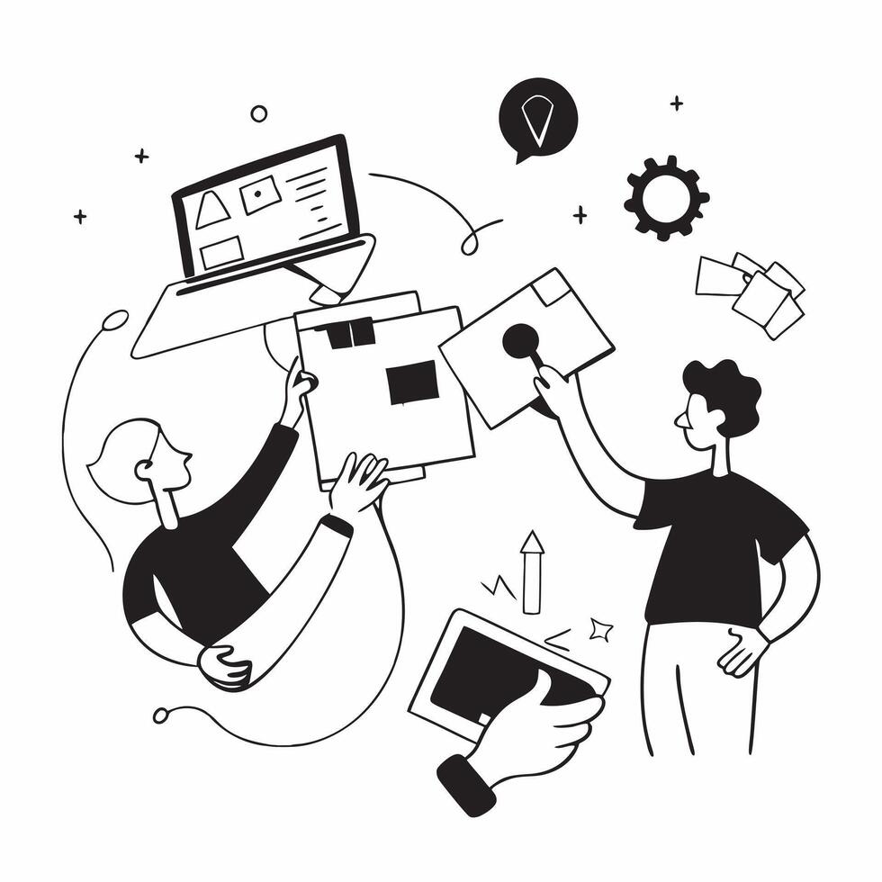 Clean Flat design as Business team collaborating in a modern office using digital tools concept as A icon illustration of a business team in a modern office collaborating using digital Set 13 vector