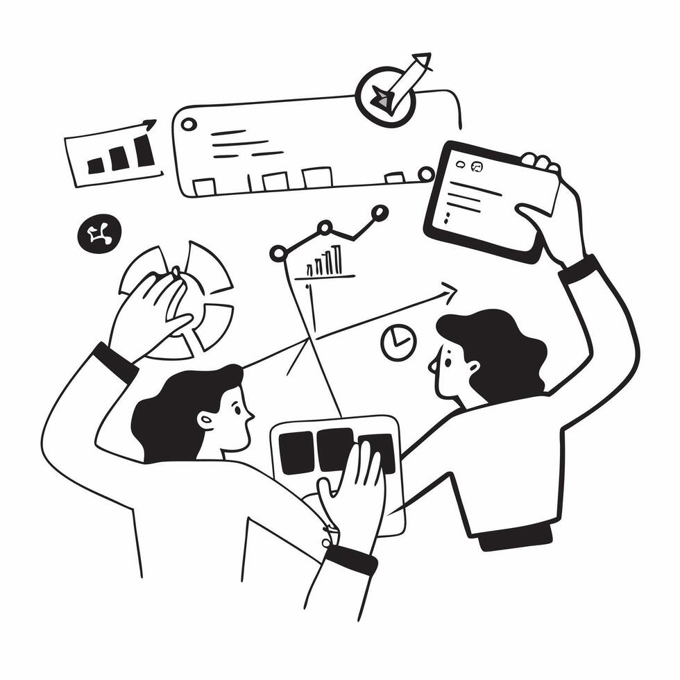 Clean Flat design as Business team collaborating in a modern office using digital tools concept as A icon illustration of a business team in a modern office collaborating using digital Set 11 vector