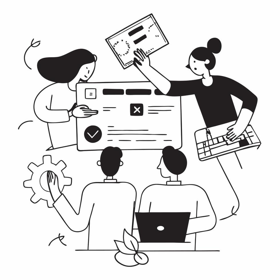 Clean Flat design as Business team collaborating in a modern office using digital tools concept as A icon illustration of a business team in a modern office collaborating using digital Set 4 vector