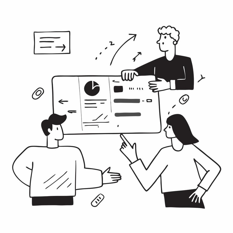 Clean Flat design as Business team analyzing data in a meeting room concept as A icon illustration of a business team analyzing data in a meeting room using a 3 color scheme to highlig vector