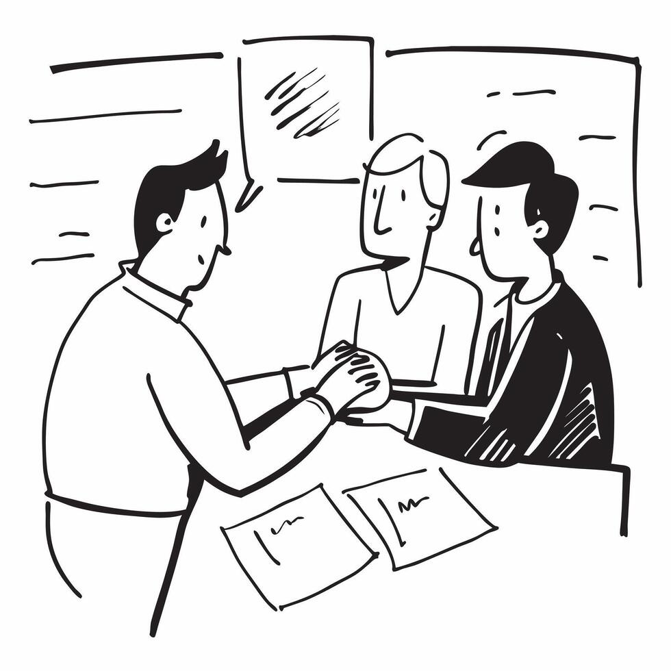 Clean Flat design as Business partners negotiating in a meeting room concept as A icon illustration of business partners negotiating in a meeting room utilizing a 3 color scheme to hig vector