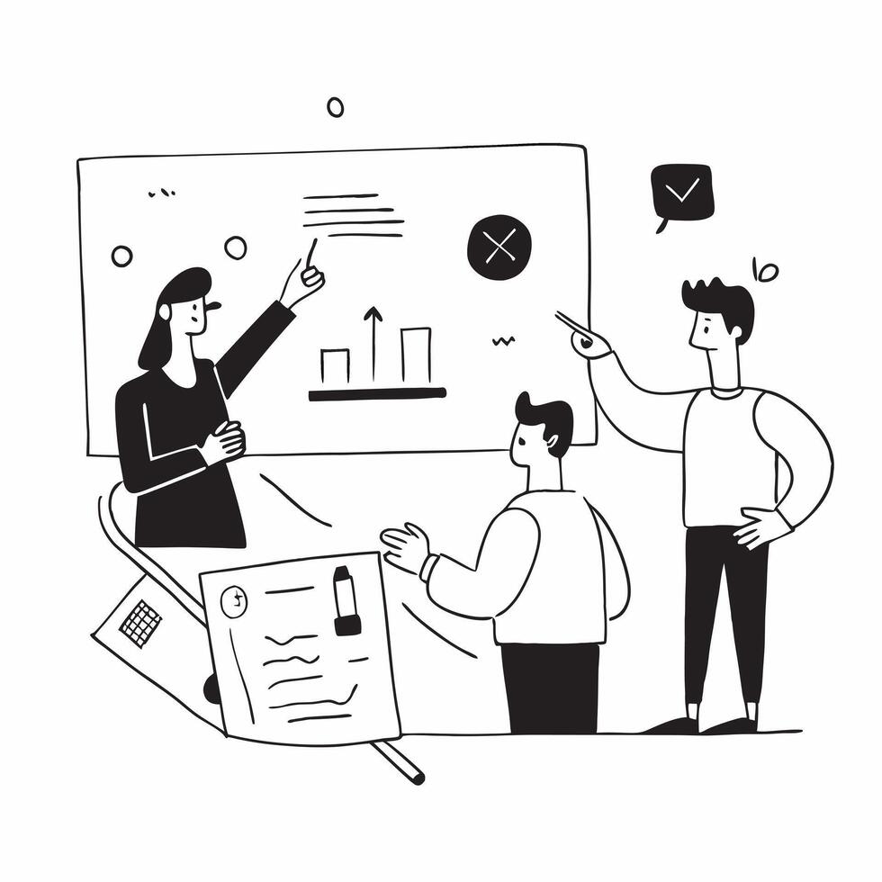 Clean Flat design as Business leaders collaborating on strategy development concept as A icon illustration of business leaders collaborating on strategy development using digital white vector
